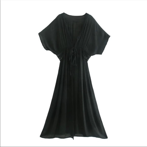 Black Maxi Kimono CoverUp Linen Cotton Lace - Picture 5 of 14